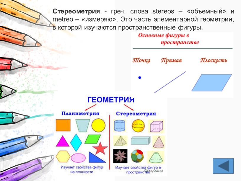 Стереометрия - греч. слова stereos – «объемный» и metreo – «измеряю»