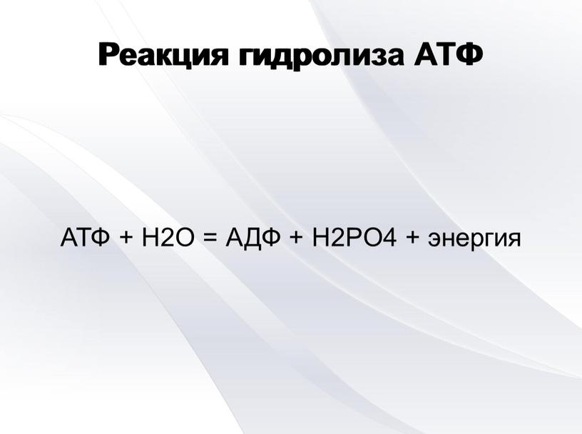 Реакция гидролиза АТФ АТФ + Н2О =