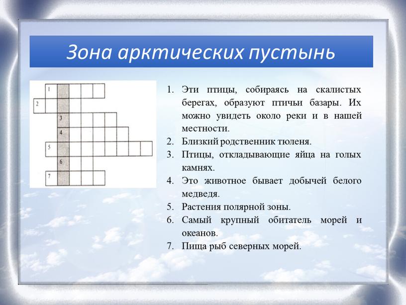 Зона арктических пустынь Эти птицы, собираясь на скалистых берегах, образуют птичьи базары