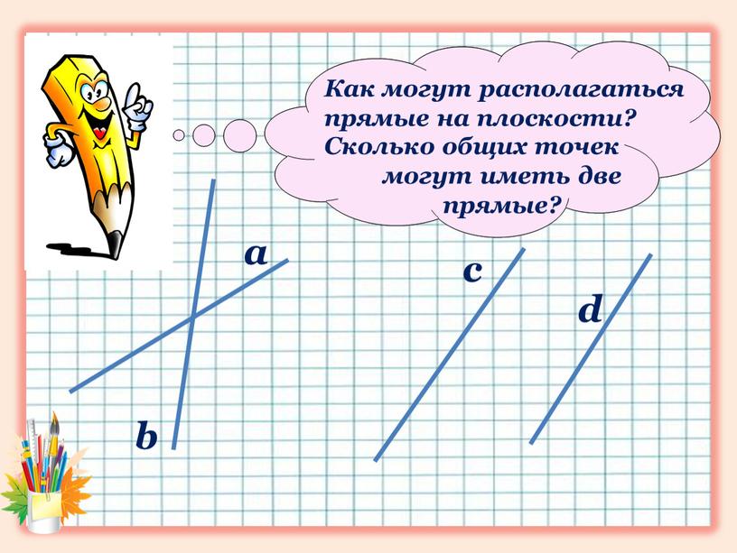 Проведите две прямые так, чтобы у них было разное взаимное расположение на плоскости