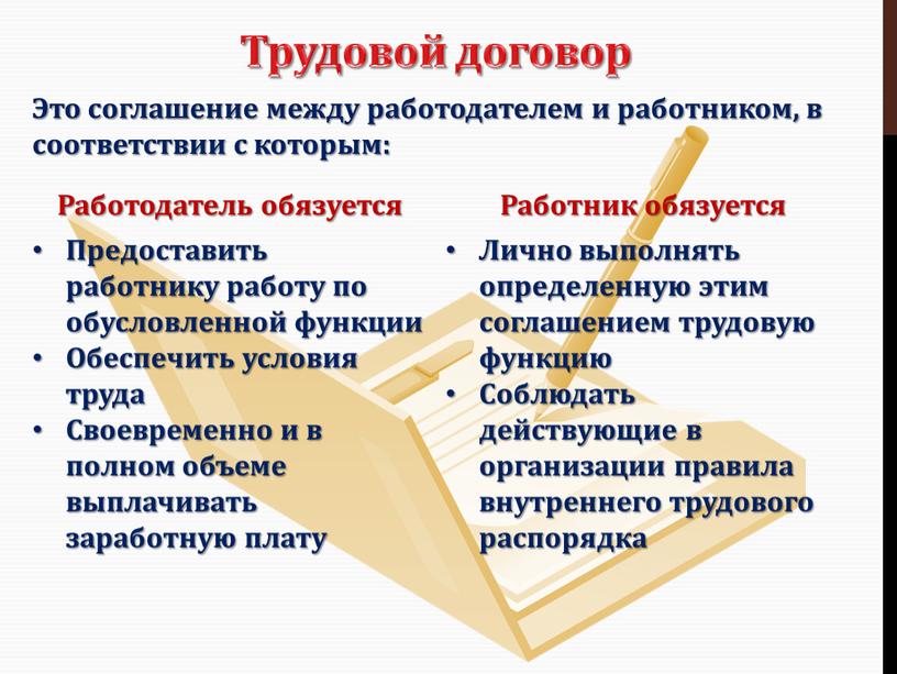 Трудовой договор Это соглашение между работодателем и работником, в соответствии с которым: