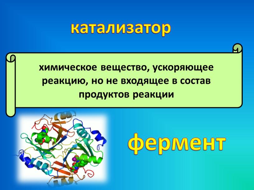 химическое вещество, ускоряющее реакцию, но не входящее в состав продуктов реакции катализатор фермент