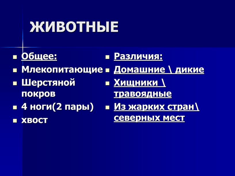 ЖИВОТНЫЕ Общее: Млекопитающие Шерстяной покров 4 ноги(2 пары) хвост