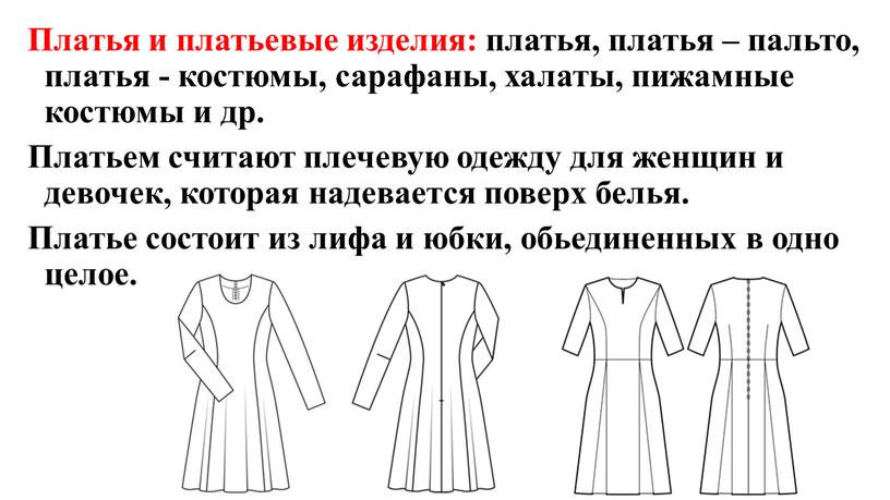 Платья и платьевые изделия: платья, платья – пальто, платья - костюмы, сарафаны, халаты, пижамные костюмы и др
