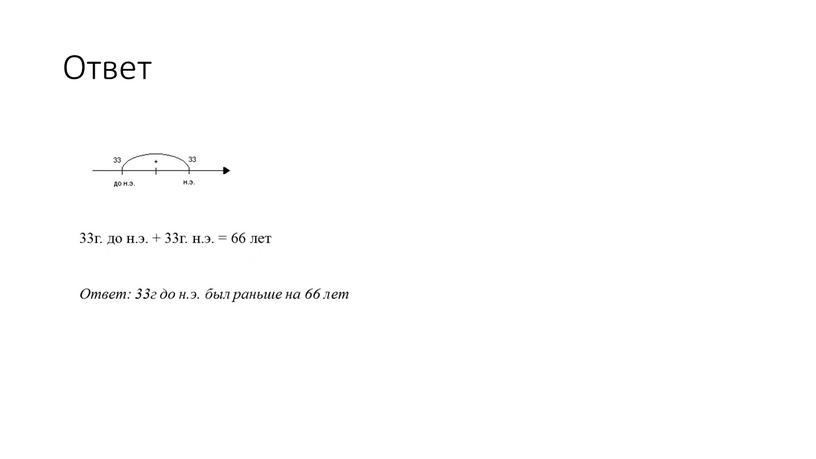 Ответ 33г. до н.э. + 33г. н.э. = 66 лет