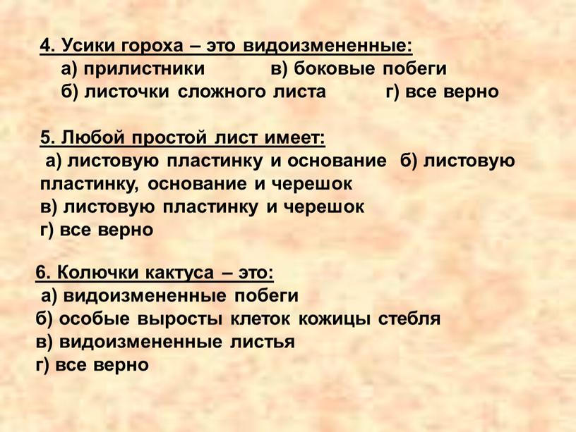 Усики гороха – это видоизмененные: а) прилистники в) боковые побеги б) листочки сложного листа г) все верно 5