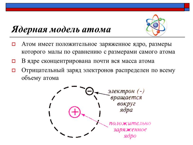 Ядерная модель атома Атом имеет положительное заряженное ядро, размеры которого малы по сравнению с размерами самого атома