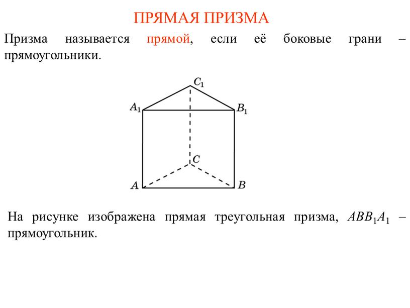 ПРЯМАЯ ПРИЗМА Призма называется прямой, если её боковые грани – прямоугольники