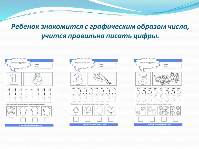 Ребенок знакомится с графическим образом числа, учится правильно писать цифры