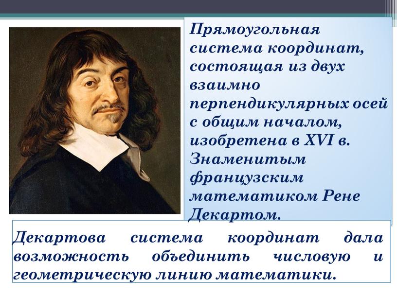 Прямоугольная система координат, состоящая из двух взаимно перпендикулярных осей с общим началом, изобретена в