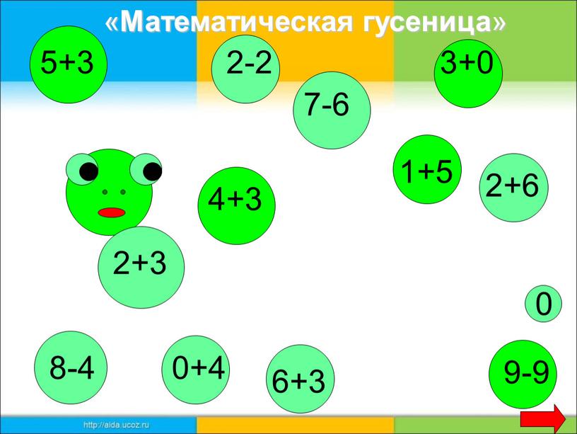 2+3 5+3 8-4 4+3 7-6 1+5 6+3 9-9 0 2-2 2+6 3+0 0+4 « Математическая гусеница »