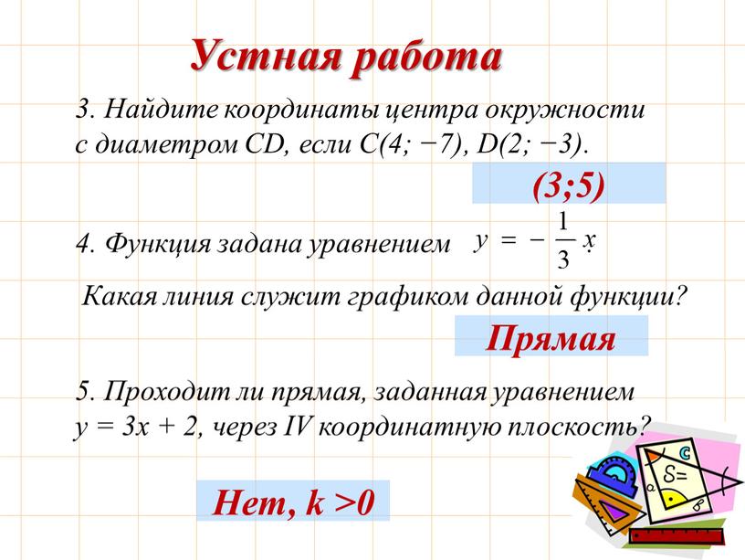 Устная работа 3. Найдите координаты центра окружности с диаметром