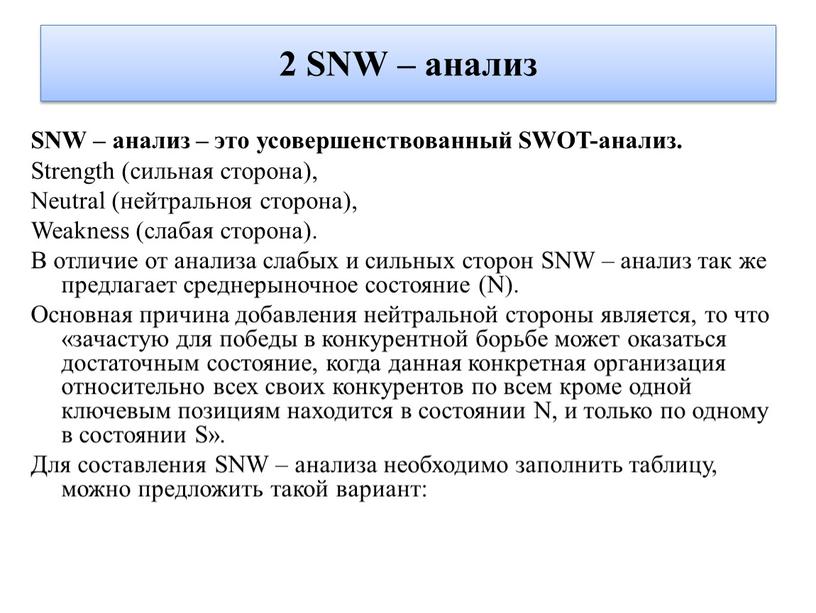 SNW – анализ SNW – анализ – это усовершенствованный