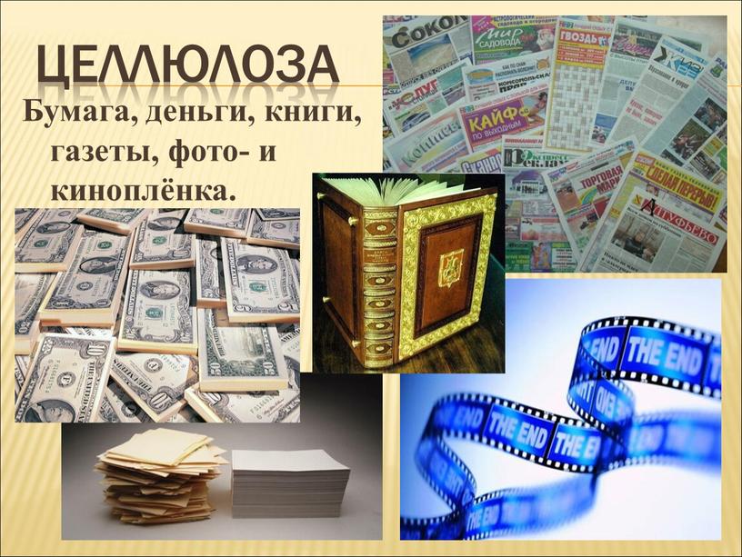 Целлюлоза Бумага, деньги, книги, газеты, фото- и киноплёнка