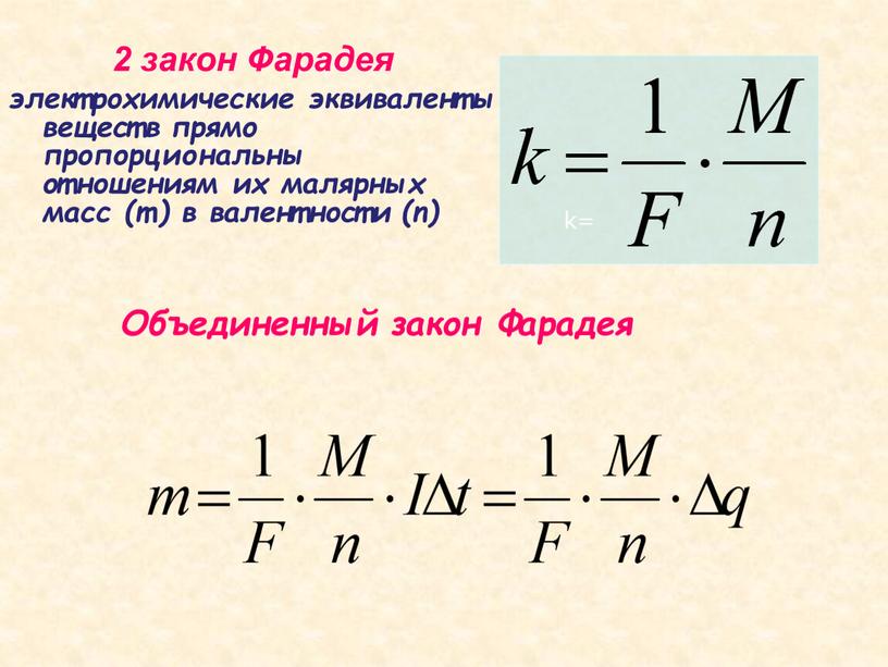Фарадея электрохимические эквиваленты веществ прямо пропорциональны отношениям их малярных масс (m) в валентности (n) k=