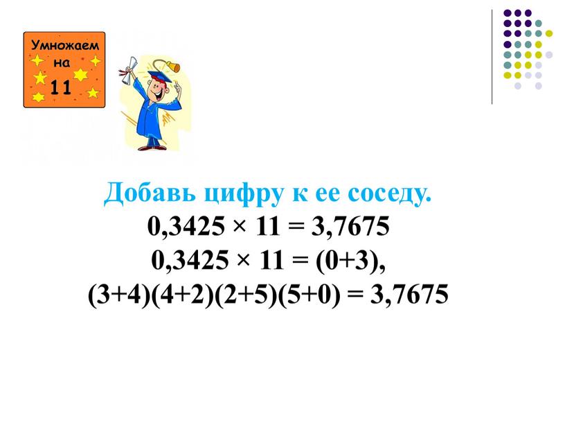 Добавь цифру к ее соседу. 0,3425 × 11 = 3,7675 0,3425 × 11 = (0+3), (3+4)(4+2)(2+5)(5+0) = 3,7675