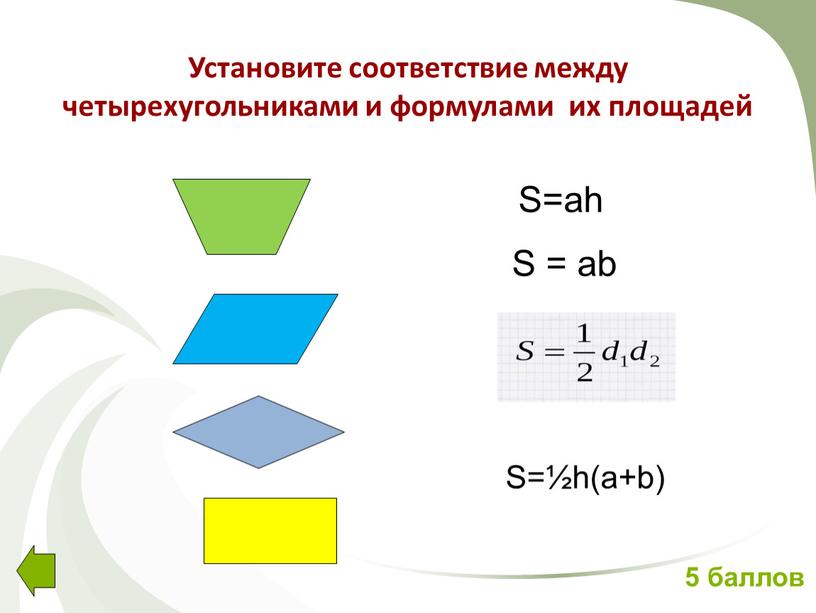 Установите соответствие между четырехугольниками и формулами их площадей 5 баллов