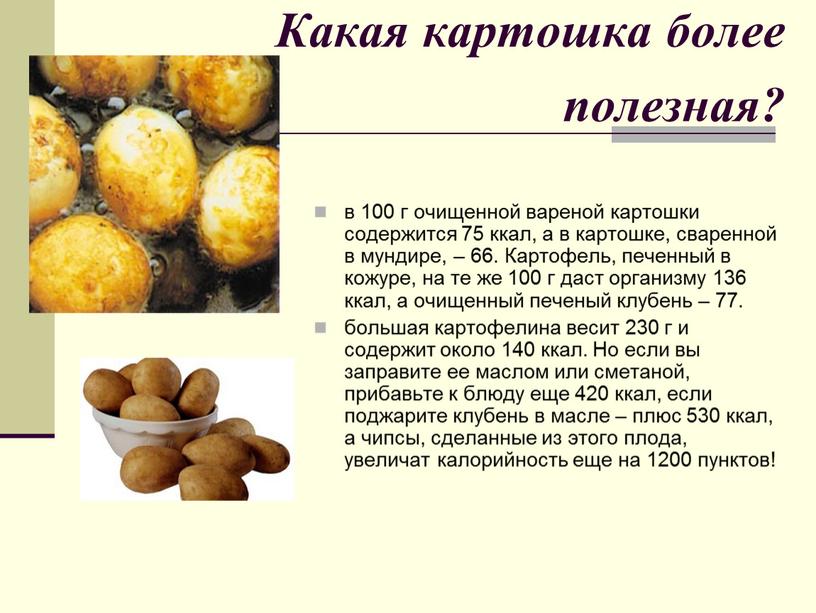 Какая картошка более полезная? в 100 г очищенной вареной картошки содержится 75 ккал, а в картошке, сваренной в мундире, – 66