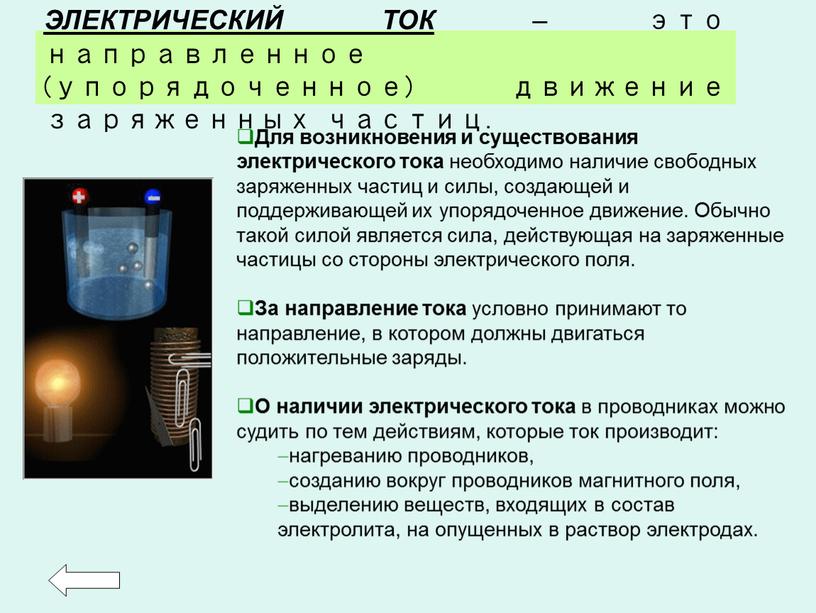 ЭЛЕКТРИЧЕСКИЙ ТОК – это направленное (упорядоченное) движение заряженных частиц