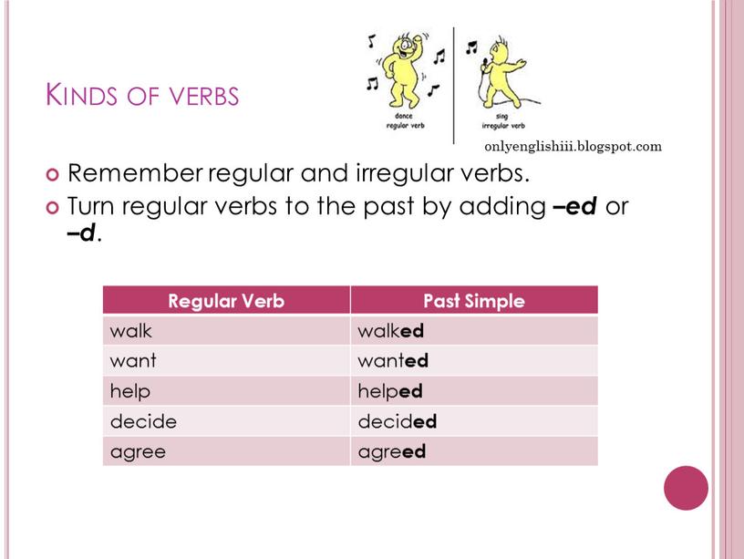 Kinds of verbs Remember regular and irregular verbs