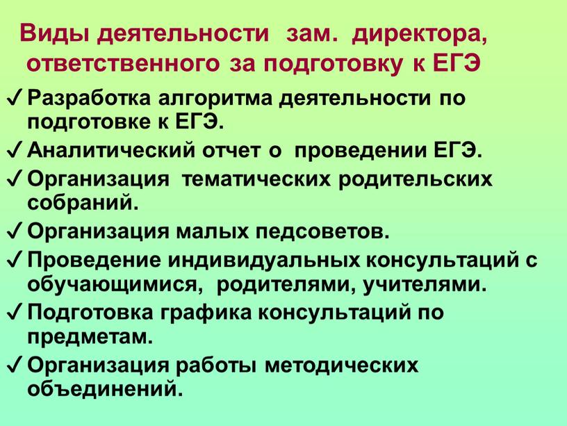 Виды деятельности зам. директора, ответственного за подготовку к