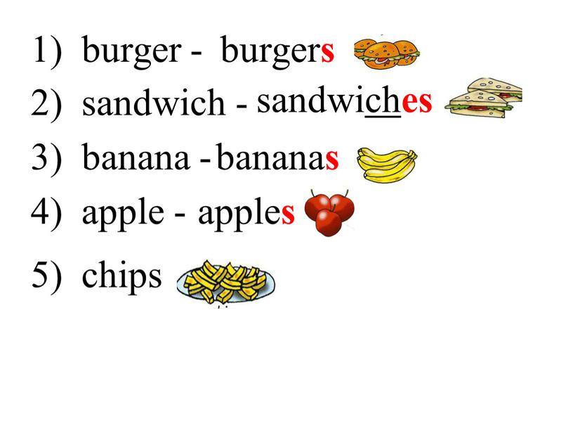 1) burger - burger s 2) sandwich - sandwi ch es 3) banana - banana s 4) apple - apple s 5) chips