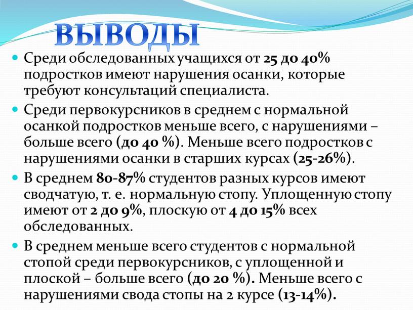 Среди обследованных учащихся от 25 до 40% подростков имеют нарушения осанки, которые требуют консультаций специалиста