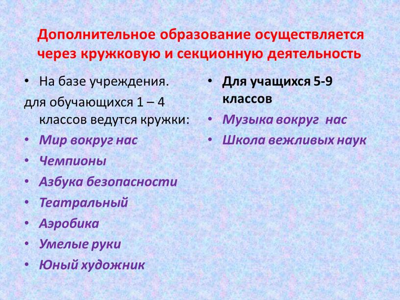 Дополнительное образование осуществляется через кружковую и секционную деятельность