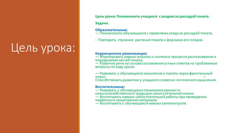 Цель урока: Цель урока: Познакомить учащихся с уходом за рассадой томата