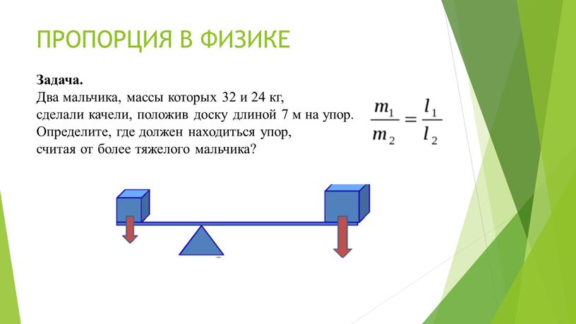 ПРОПОРЦИЯ В ФИЗИКЕ Задача. Два мальчика, массы которых 32 и 24 кг, сделали качели, положив доску длиной 7 м на упор