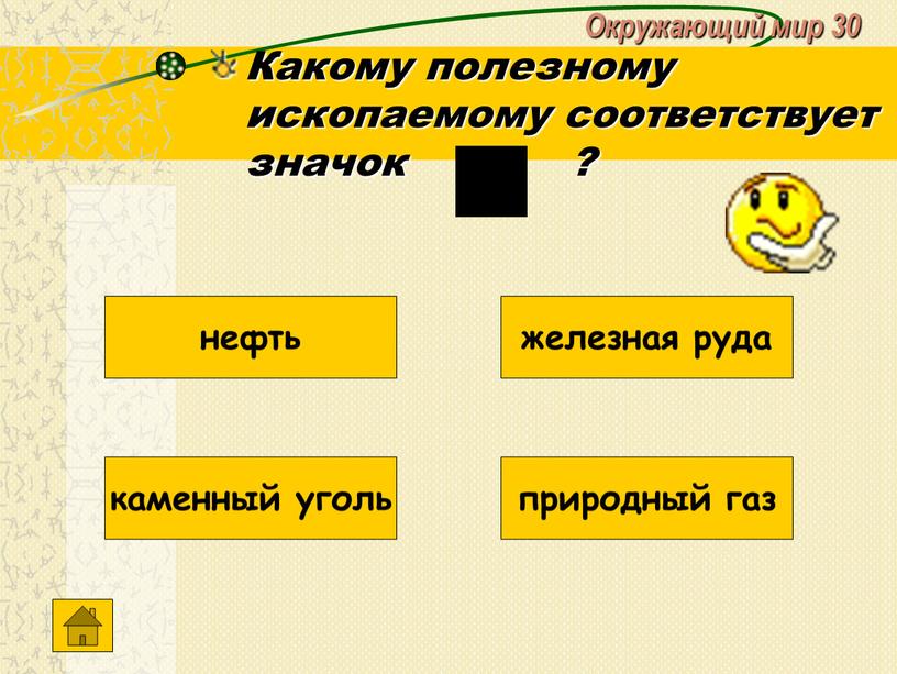 Окружающий мир 30 Какому полезному ископаемому соответствует значок ? каменный уголь нефть железная руда природный газ