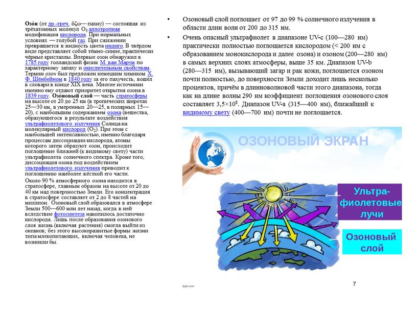 Озоновый слой поглощает от 97 до 99 % солнечного излучения в области длин волн от 200 до 315 нм