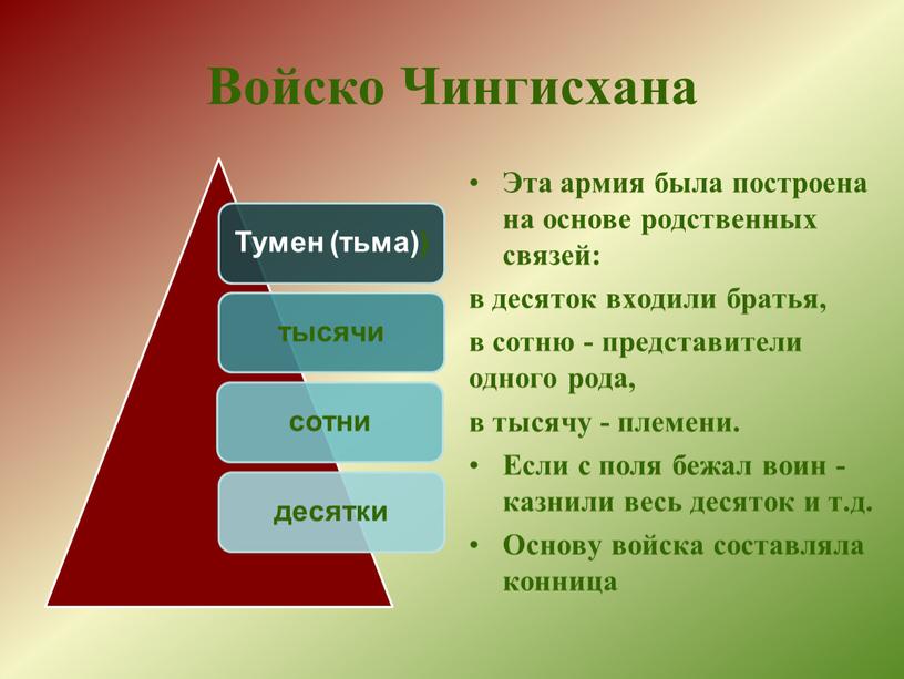 Войско Чингисхана Эта армия была построена на основе родственных связей: в десяток входили братья, в сотню - представители одного рода, в тысячу - племени