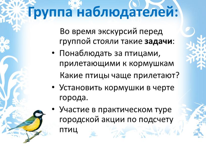 Группа наблюдателей: Во время экскурсий перед группой стояли такие задачи :