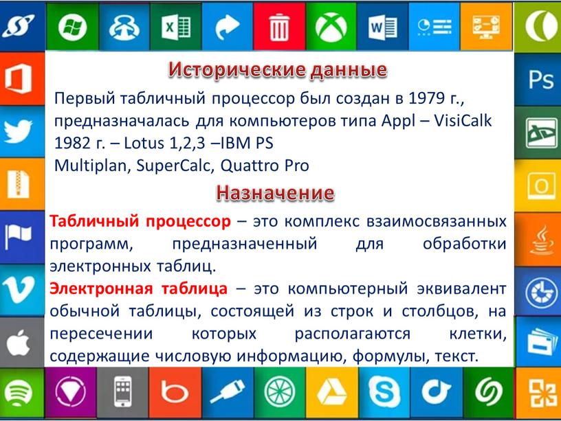 Исторические данные Первый табличный процессор был создан в 1979 г