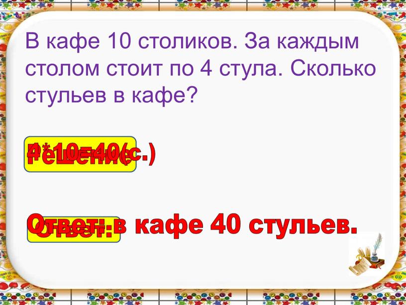 Ответ: Ответ: в кафе 40 стульев