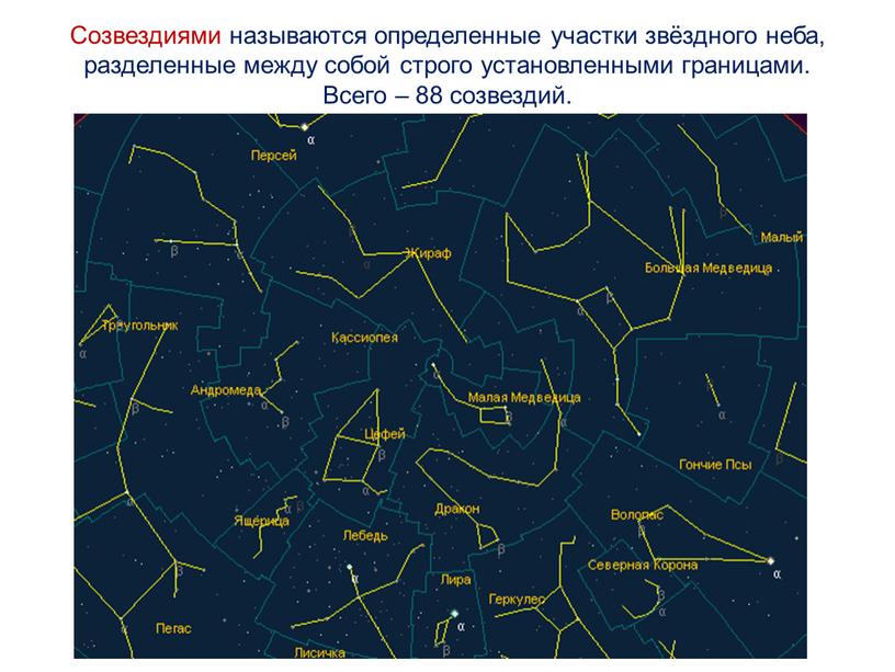 Созвездиями называются определенные участки звёздного неба, разделенные между собой строго установленными границами