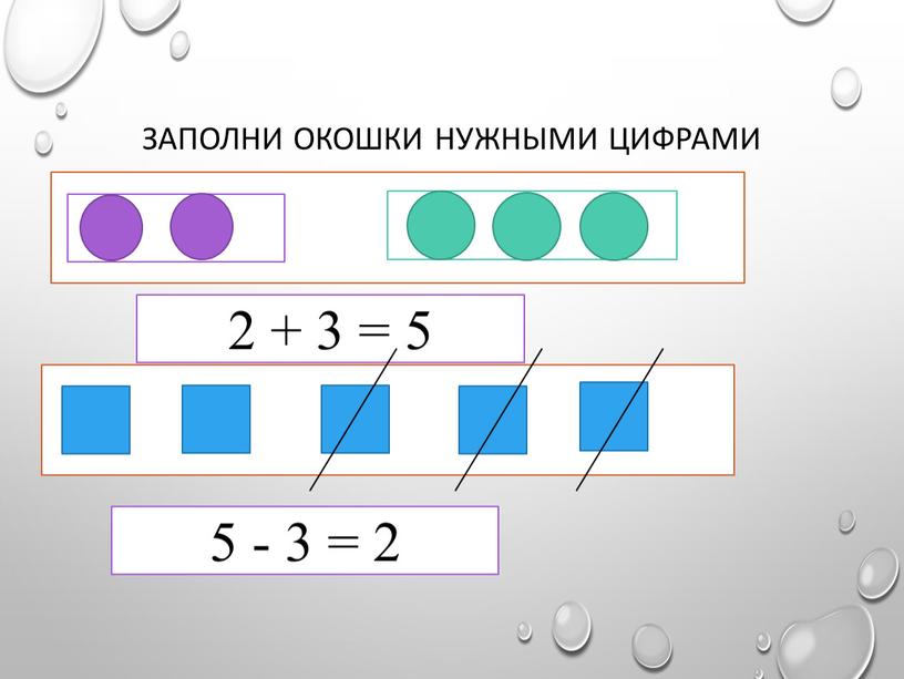 Заполни окошки нужными цифрами 2 + 3 = 5 5 - 3 = 2