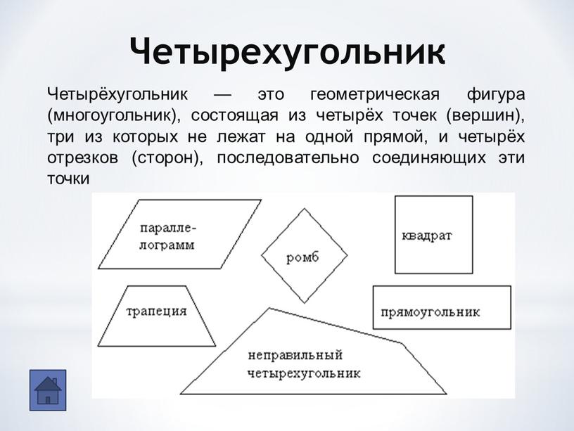 Четырехугольник Четырёхугольник — это геометрическая фигура (многоугольник), состоящая из четырёх точек (вершин), три из которых не лежат на одной прямой, и четырёх отрезков (сторон), последовательно…