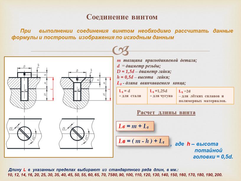 Соединение винтом m толщина присоединяемой детали; d = диаметр резьбы;