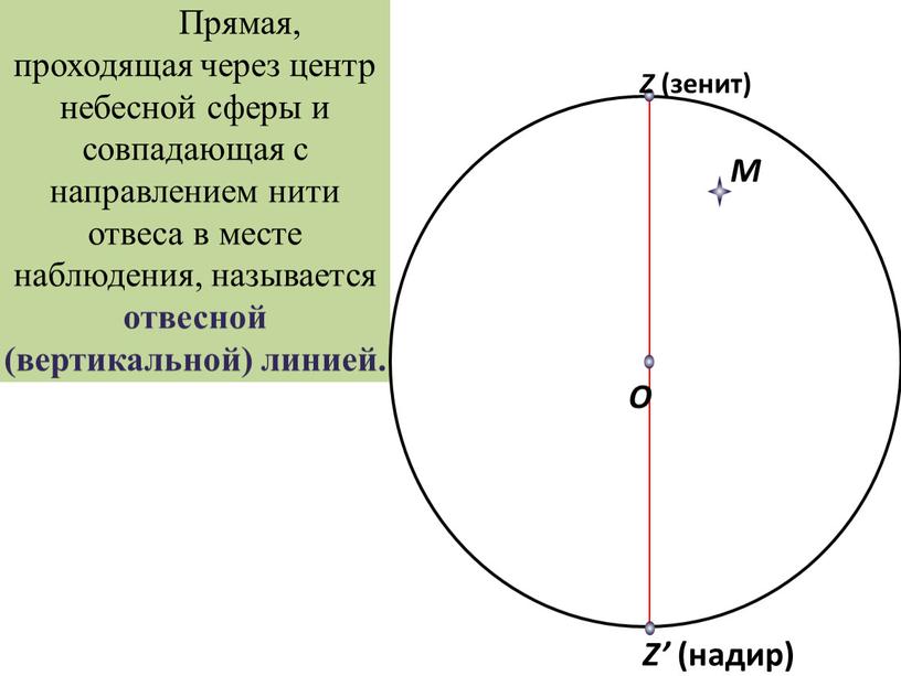 Прямая, проходящая через центр небесной сферы и совпадающая с направлением нити отвеса в месте наблюдения, называется отвесной (вертикальной) линией