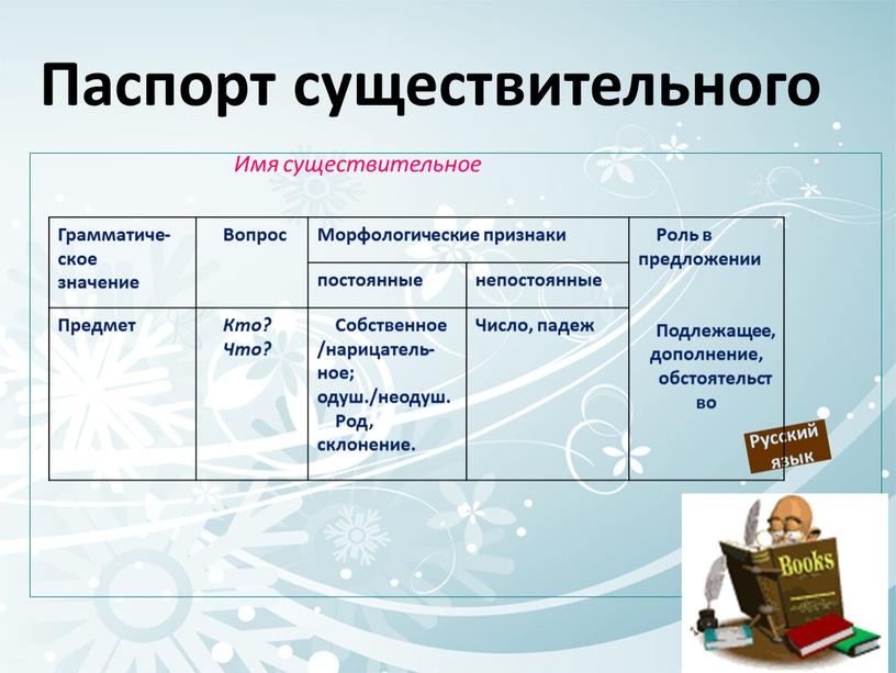 Паспорт существительного Русский язык