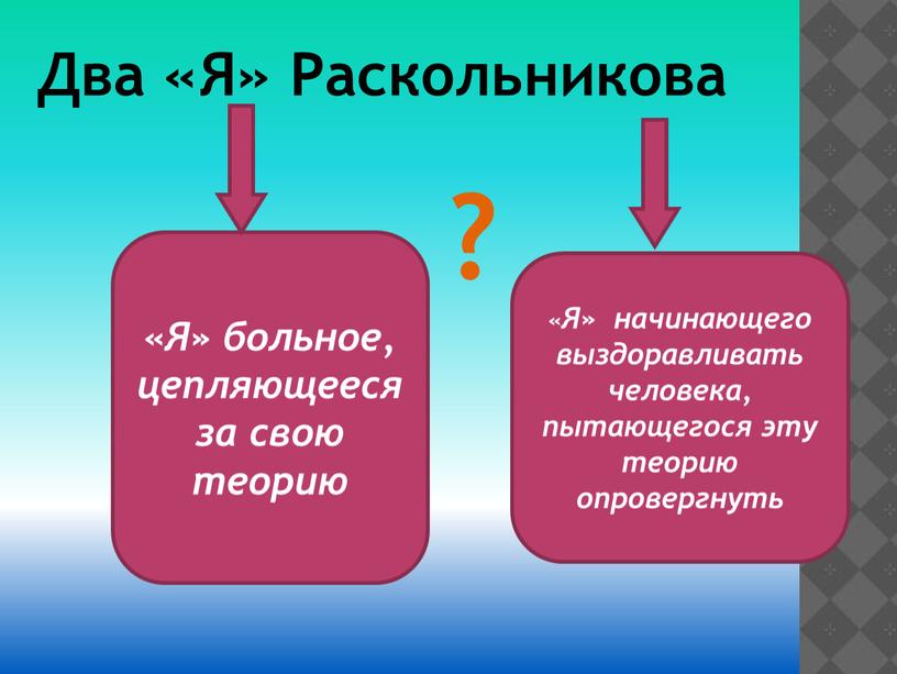 Два «Я» Раскольникова ? «Я» больное, цепляющееся за свою теорию «Я» начинающего выздоравливать человека, пытающегося эту теорию опровергнуть