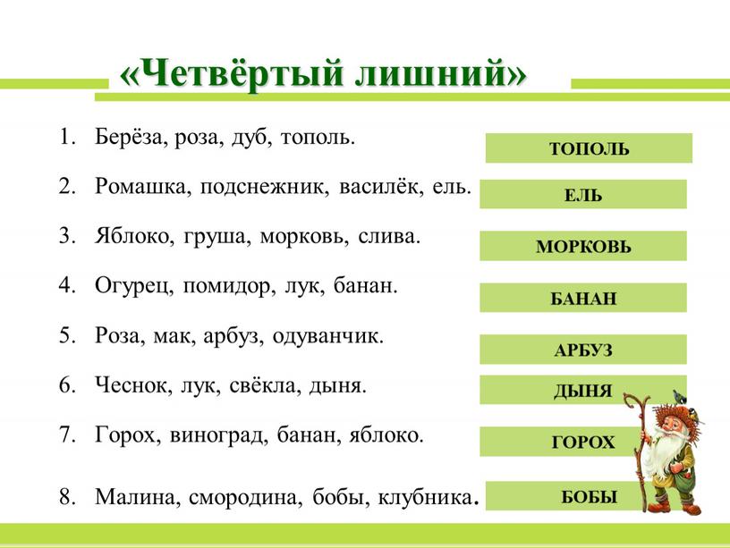 Четвёртый лишний» 1. Берёза, роза, дуб, тополь