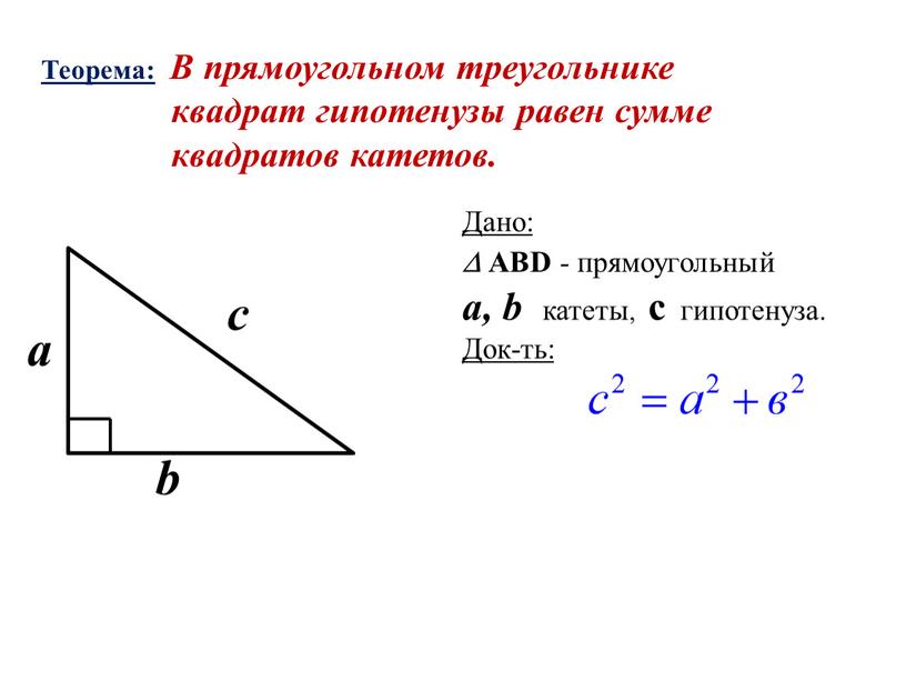 Теорема: В прямоугольном треугольнике квадрат гипотенузы равен сумме квадратов катетов