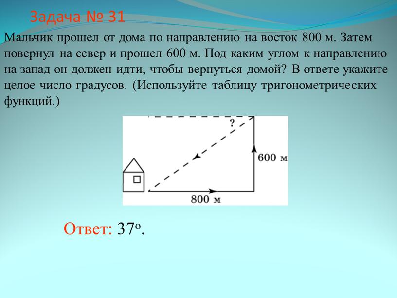 Задача № 31 Ответ: 37о. Мальчик прошел от дома по направлению на восток 800 м