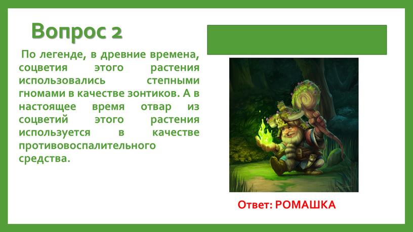 Вопрос 2 По легенде, в древние времена, соцветия этого растения использовались степными гномами в качестве зонтиков