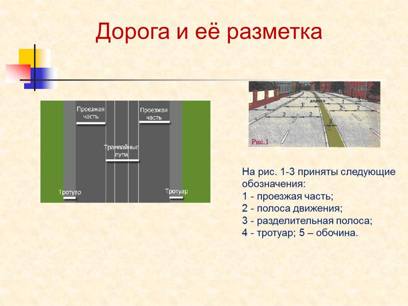 Дорога и её разметка На рис. 1-3 приняты следующие обозначения: 1 - проезжая часть; 2 - полоса движения; 3 - разделительная полоса; 4 - тротуар;…