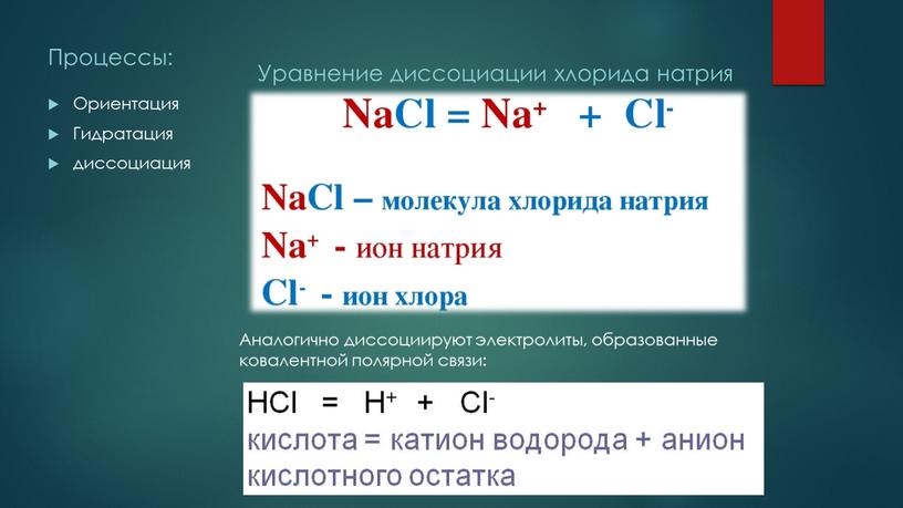 Процессы: Ориентация Гидратация диссоциация