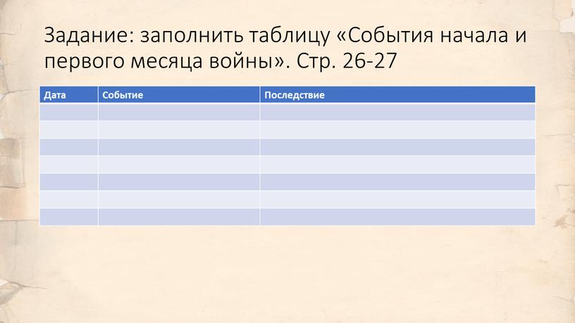 Задание: заполнить таблицу «События начала и первого месяца войны»